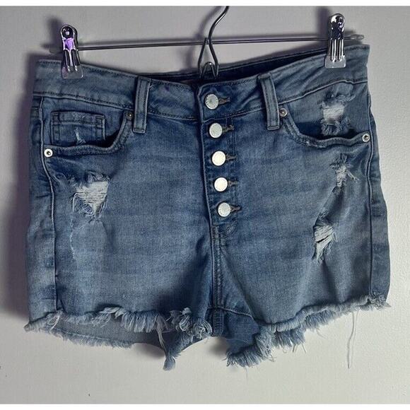 JustUSA Womens High Rise Button Fly Distressed Stretch Denim Jean Shorts Sz 27 - Picture 1 of 7